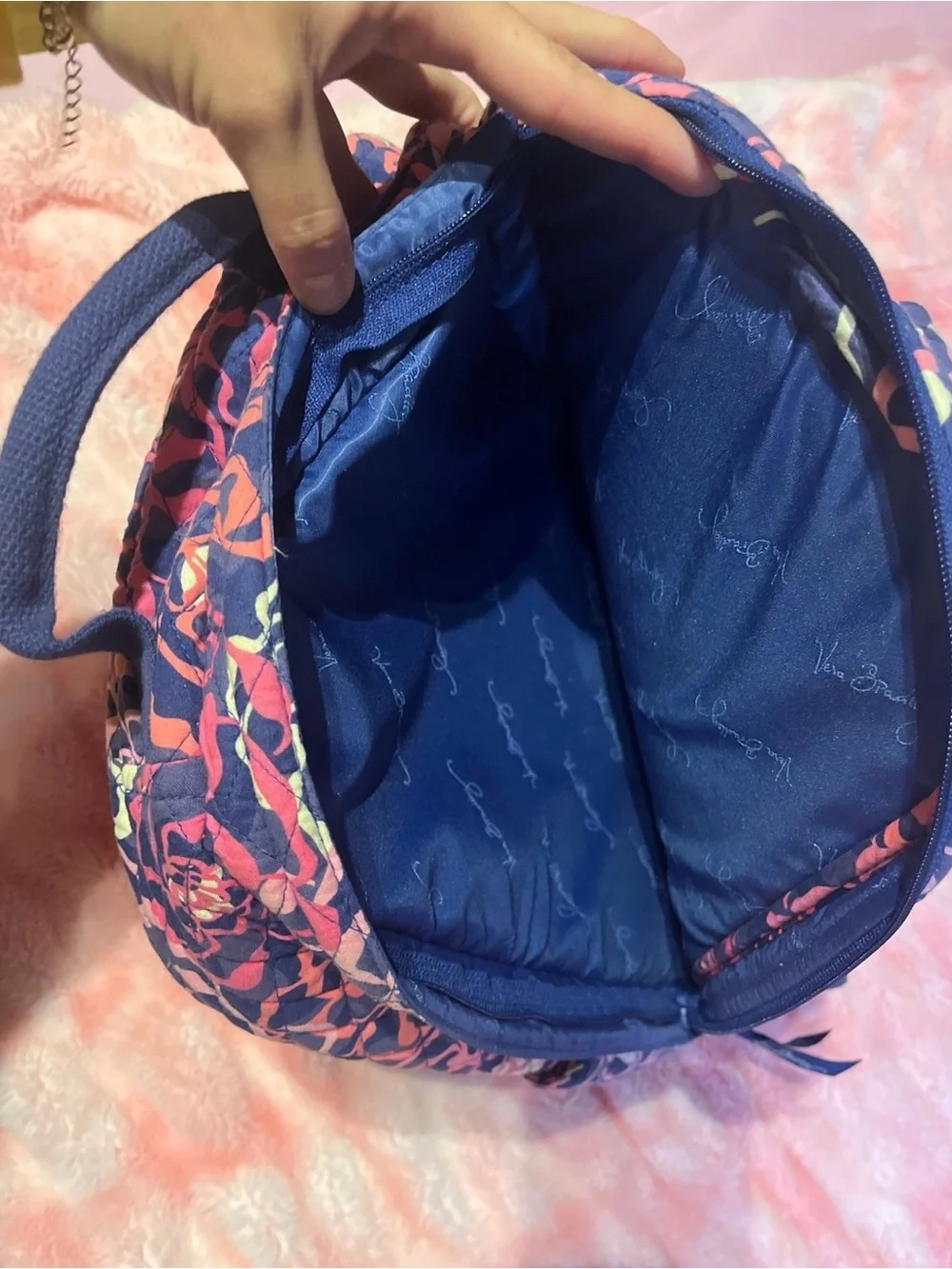 Vera Bradley Navy Floral Quilted Backpack with Pink Accents